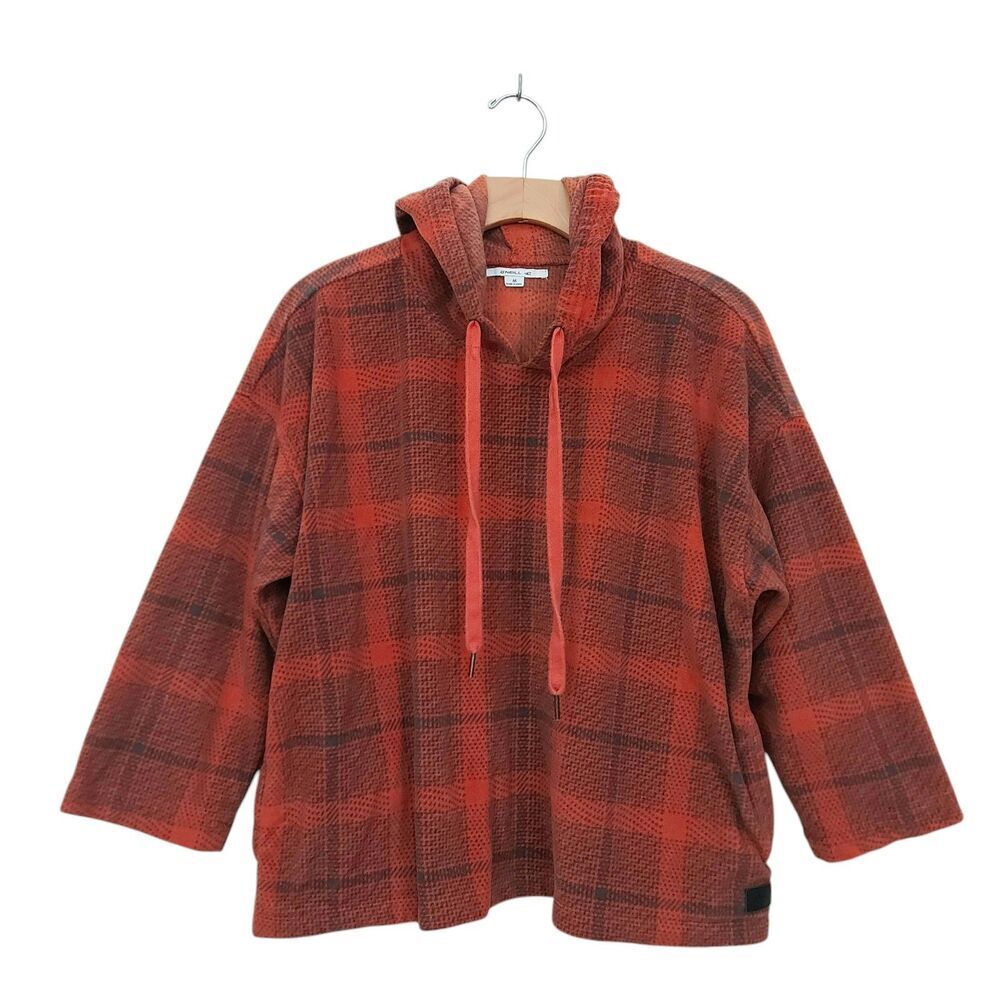 ONeill Hooded Fleece Sweater Womens Medium Orange Brown Plaid Pullover Cozy